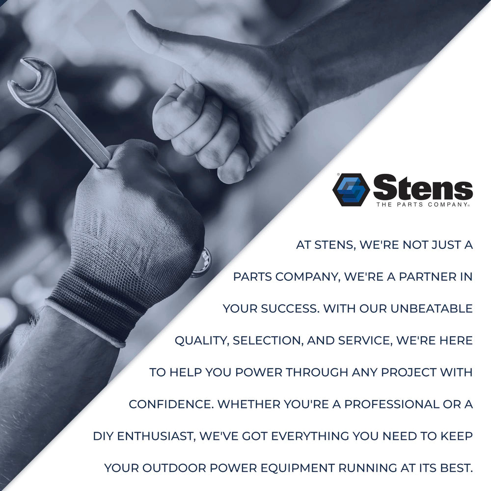 Stens branded bag label close-up showing part number and packaging confidence benefit