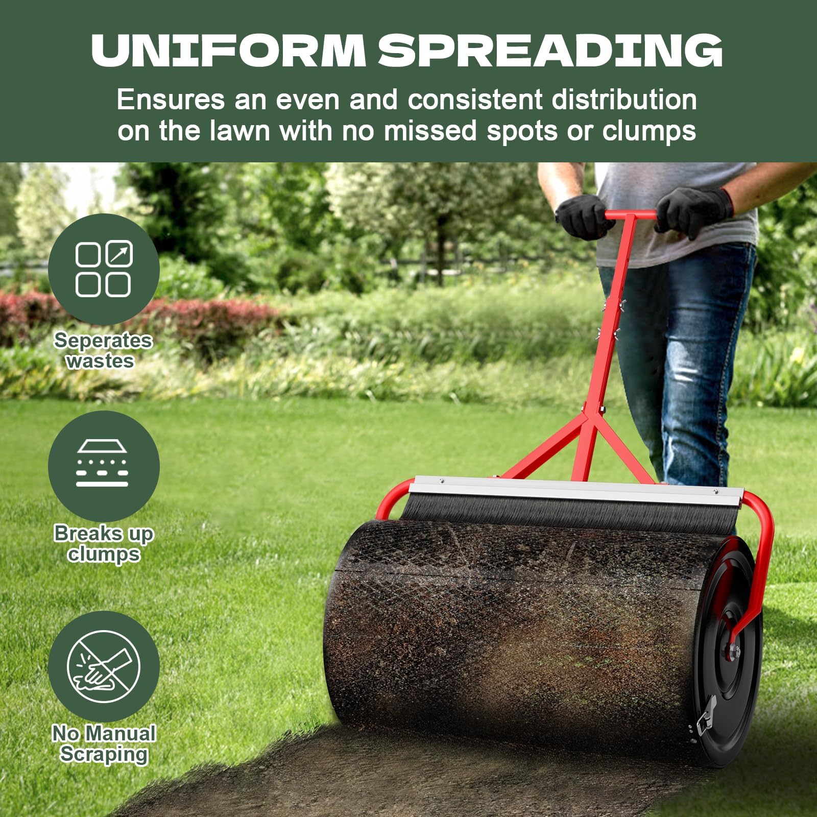 Sturdon roller in use spreading compost evenly across a lawn