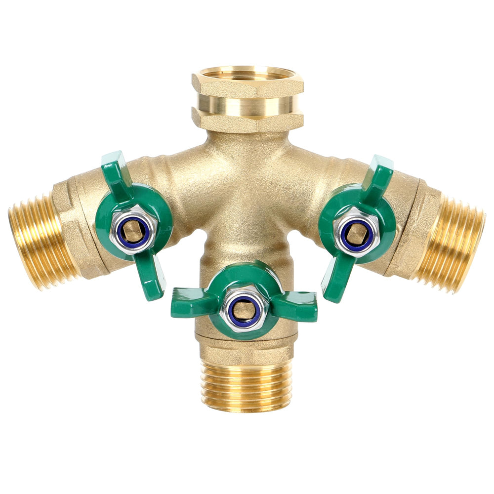 STYDDI front view of brass splitter showing three outlets and benefits durable flow