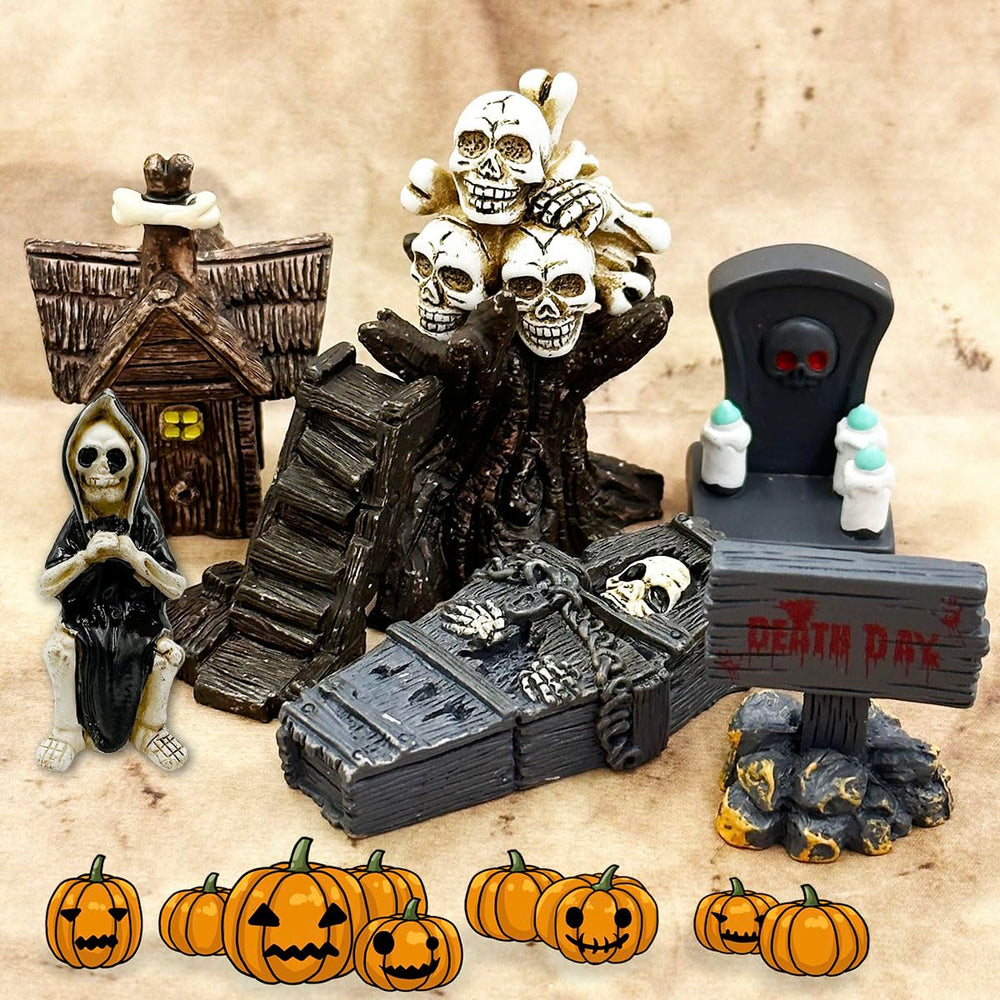 Suartus figurines arranged in a fairy garden adding spooky charm
