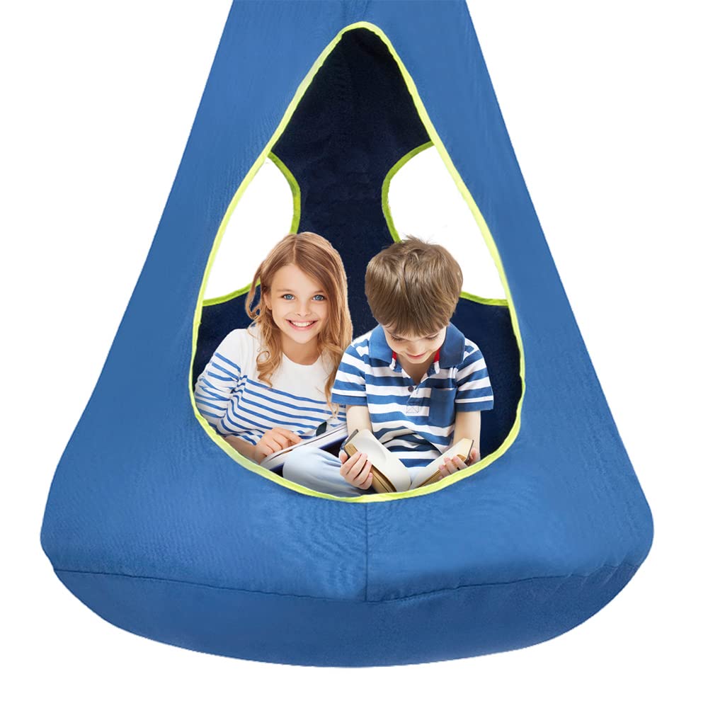 SUCHDECO front view of blue nest swing showing inviting entrance and shape benefit: private play space
