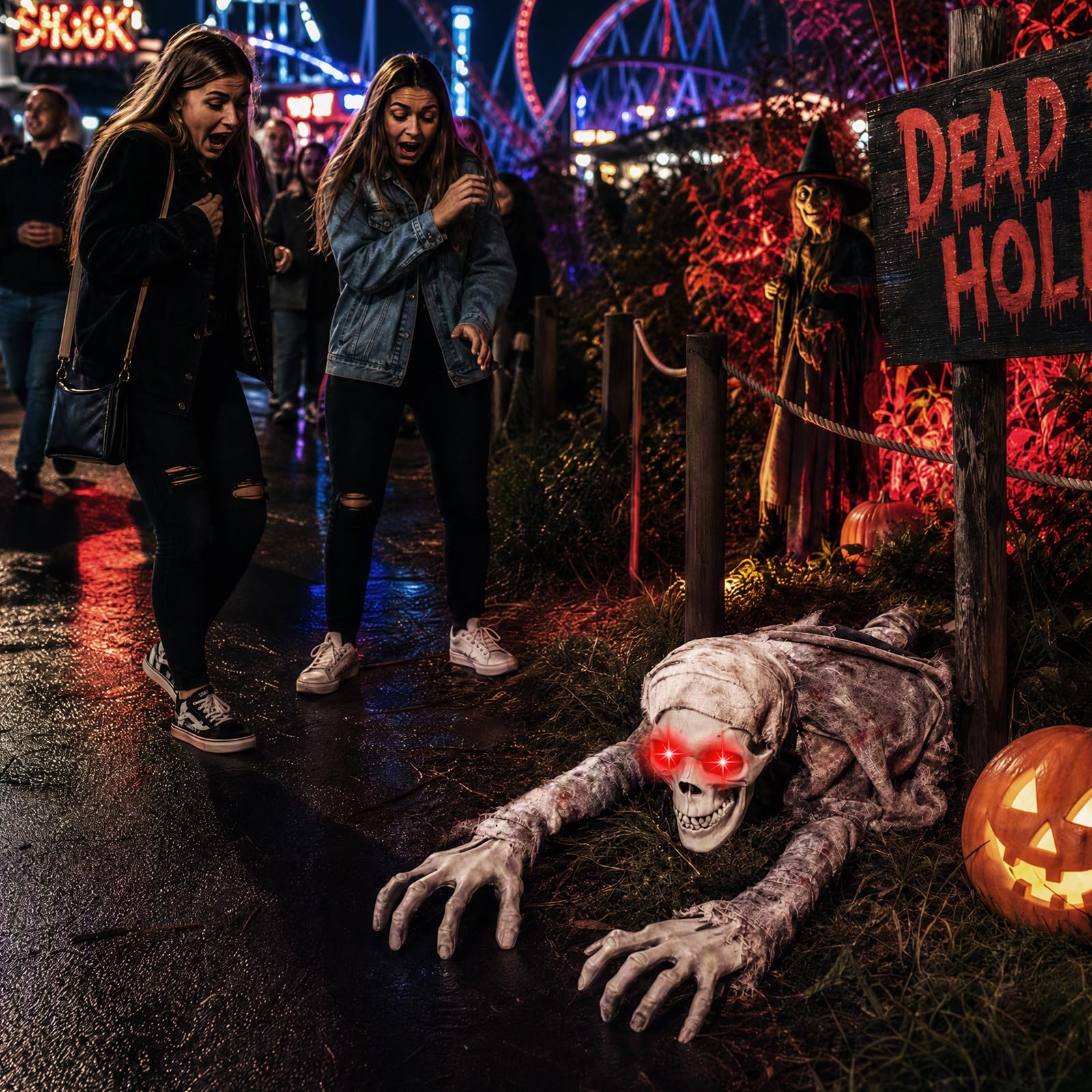 sudelin in yard graveyard scene creating dramatic outdoor Halloween display