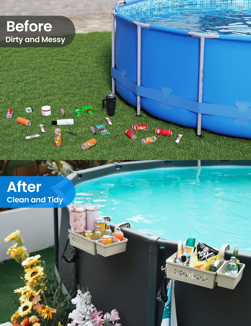 SUMMERBUDDY basket mounted on an oval above-ground pool rail keeping drinks and sunscreen accessible