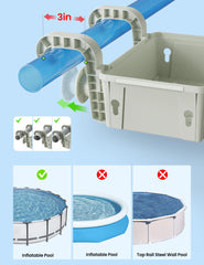 SUMMERBUDDY clamp closeup with rubber pad demonstrating secure non-marring grip on pool rail