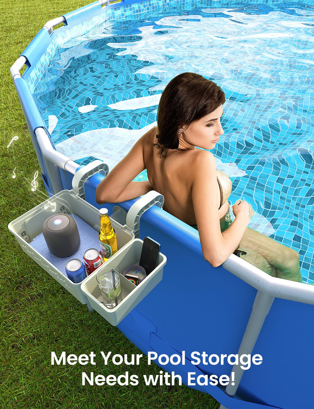 SUMMERBUDDY lifestyle poolside use with family enjoying drinks kept nearby for convenience