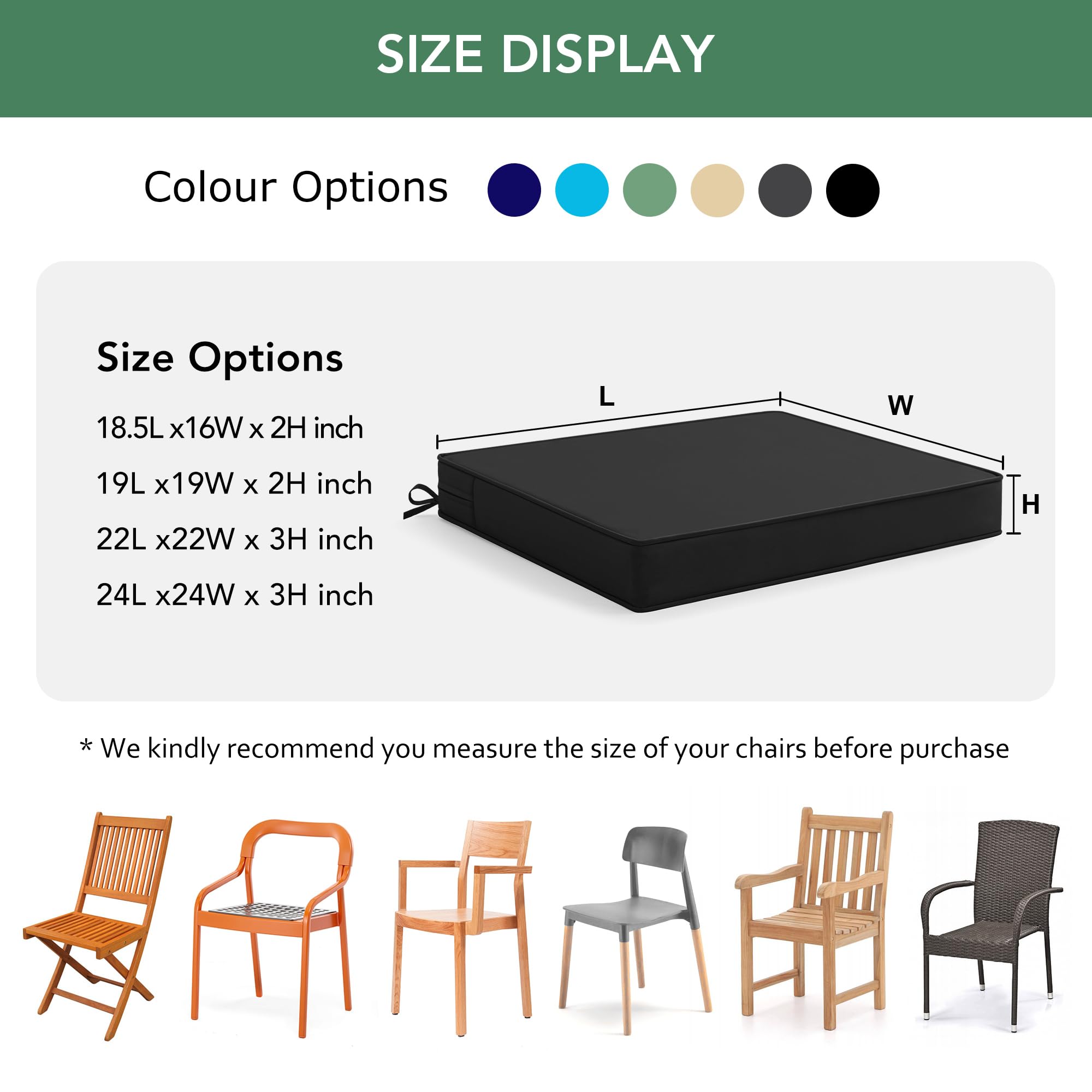 Summsun cushion on dining chair showing 18.5x16x2 inch scale for proper fit