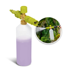 Sun Joe foam cannon front packaging showing model and purpose, clear compatibility benefit