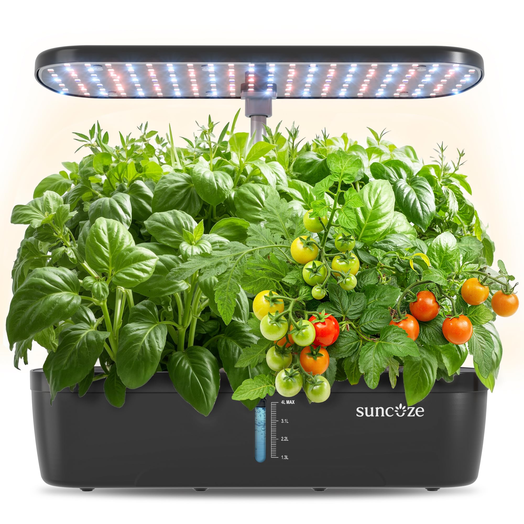 SUNCOZE front view with plants showing compact twelve-pod harvest advantage