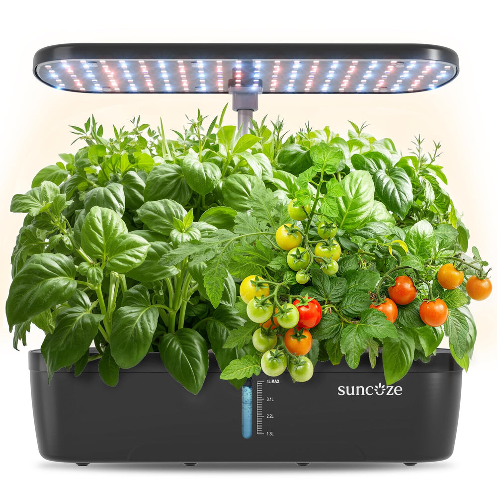 SUNCOZE front view with plants showing compact twelve-pod harvest advantage
