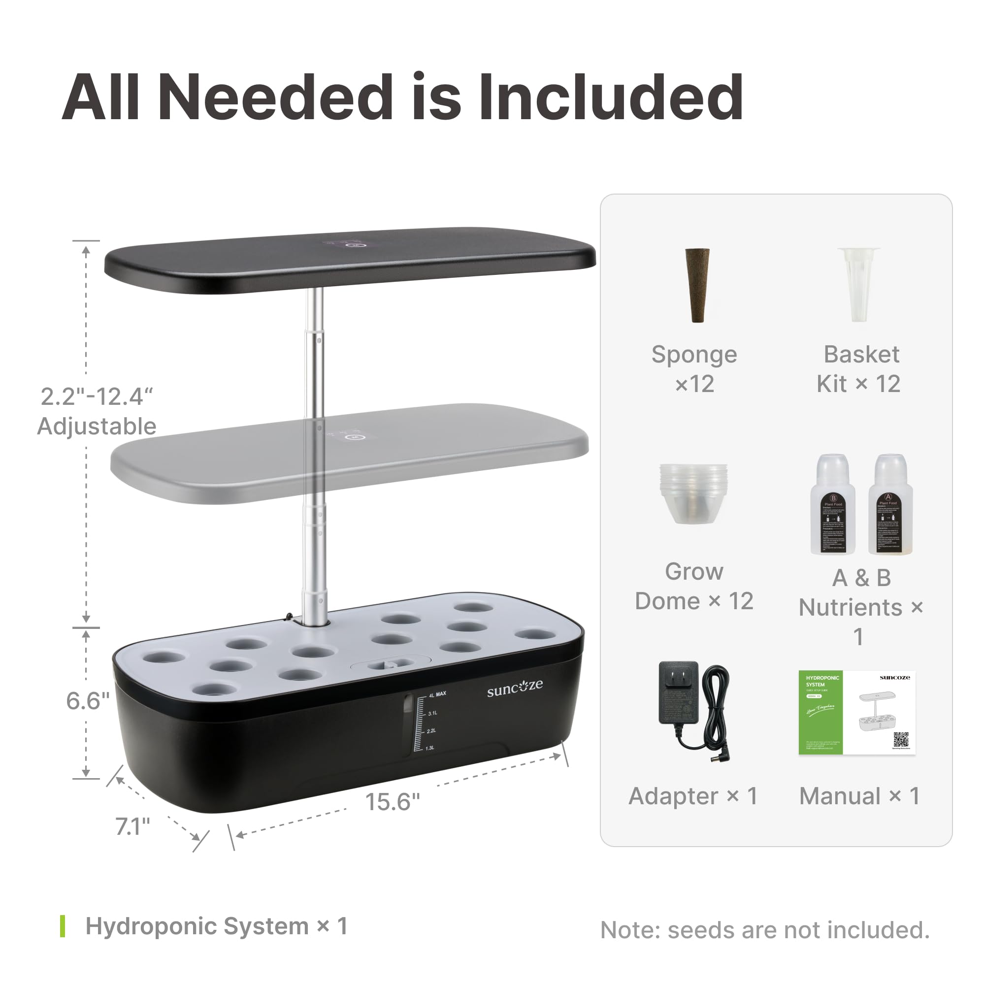 SUNCOZE packaged accessories laid out including baskets and nutrients