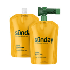 SUNDAY front packaging showing two Lawn Kickstart pouches and sprayer for easy application