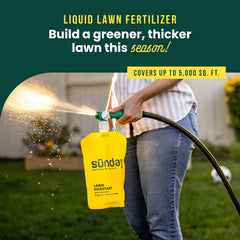 SUNDAY close-up of liquid fertilizer pouch highlighting nozzle and pourability benefits