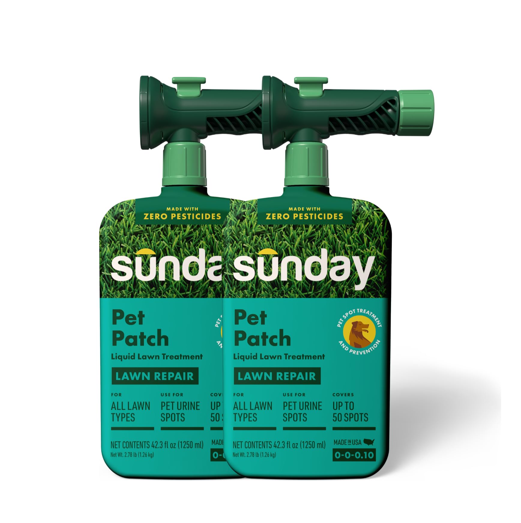 SUNDAY front packaging showing 2-pack and sprayer for fast lawn repair