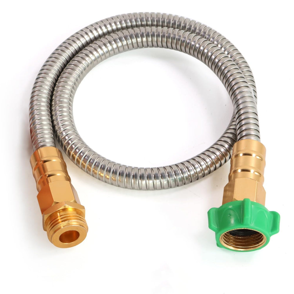 Sunifier front view metal garden hose showing stainless finish and compact length