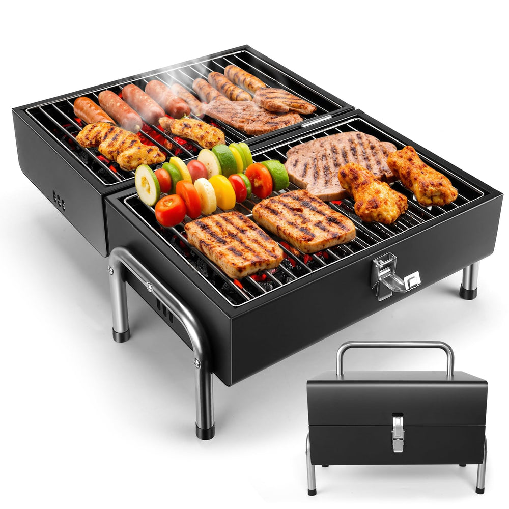 SUNLIFER front view showing compact charcoal grill and easy transport benefit