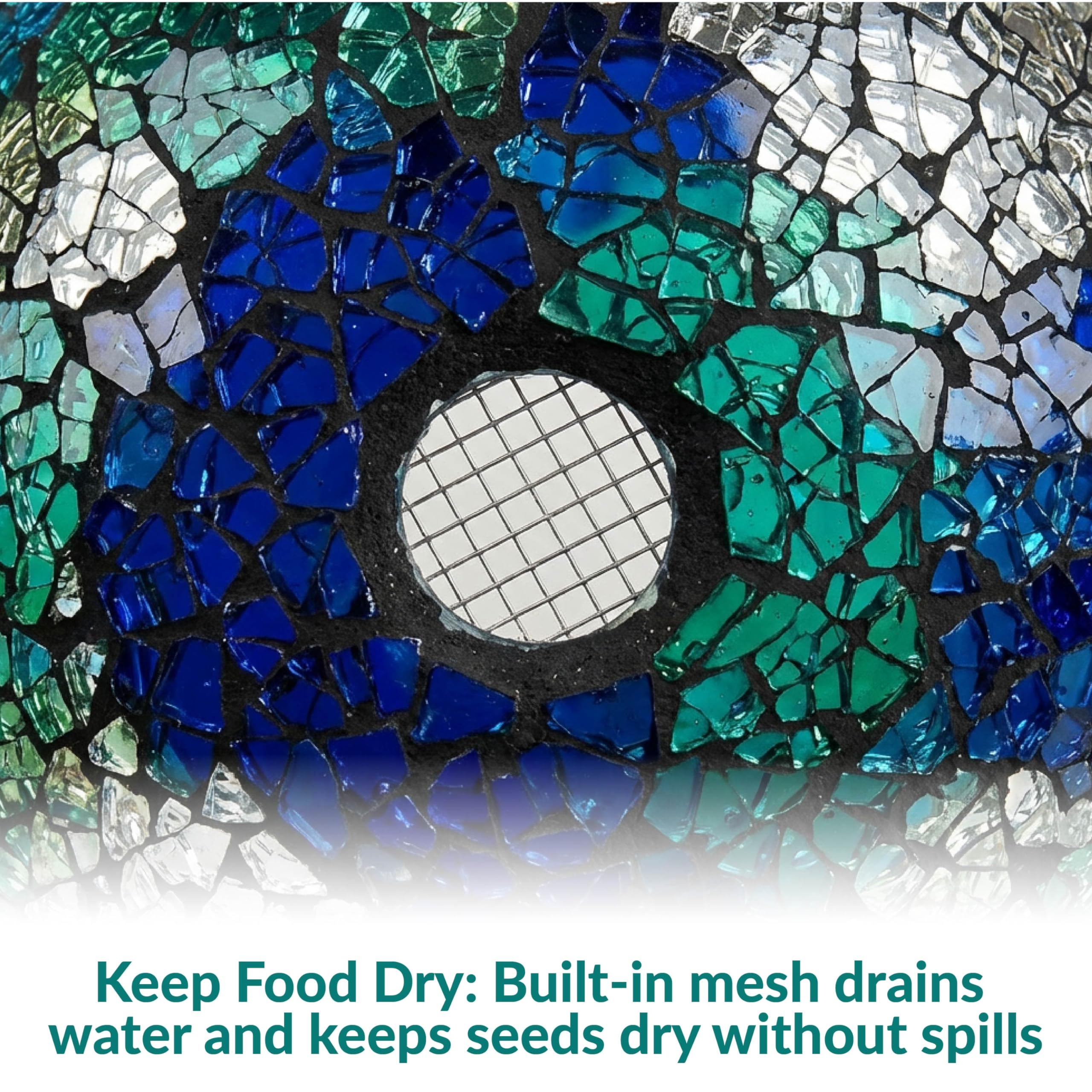 Sunnydaze closeup of mosaic tiles showing iridescent finish and benefit of light reflection