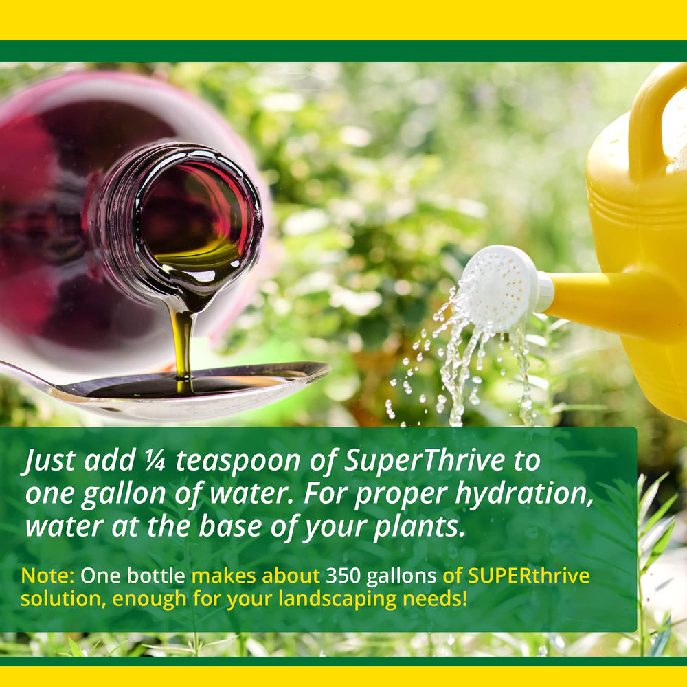 SUPERthrive 1 pint next to common gardening tools showing size and value