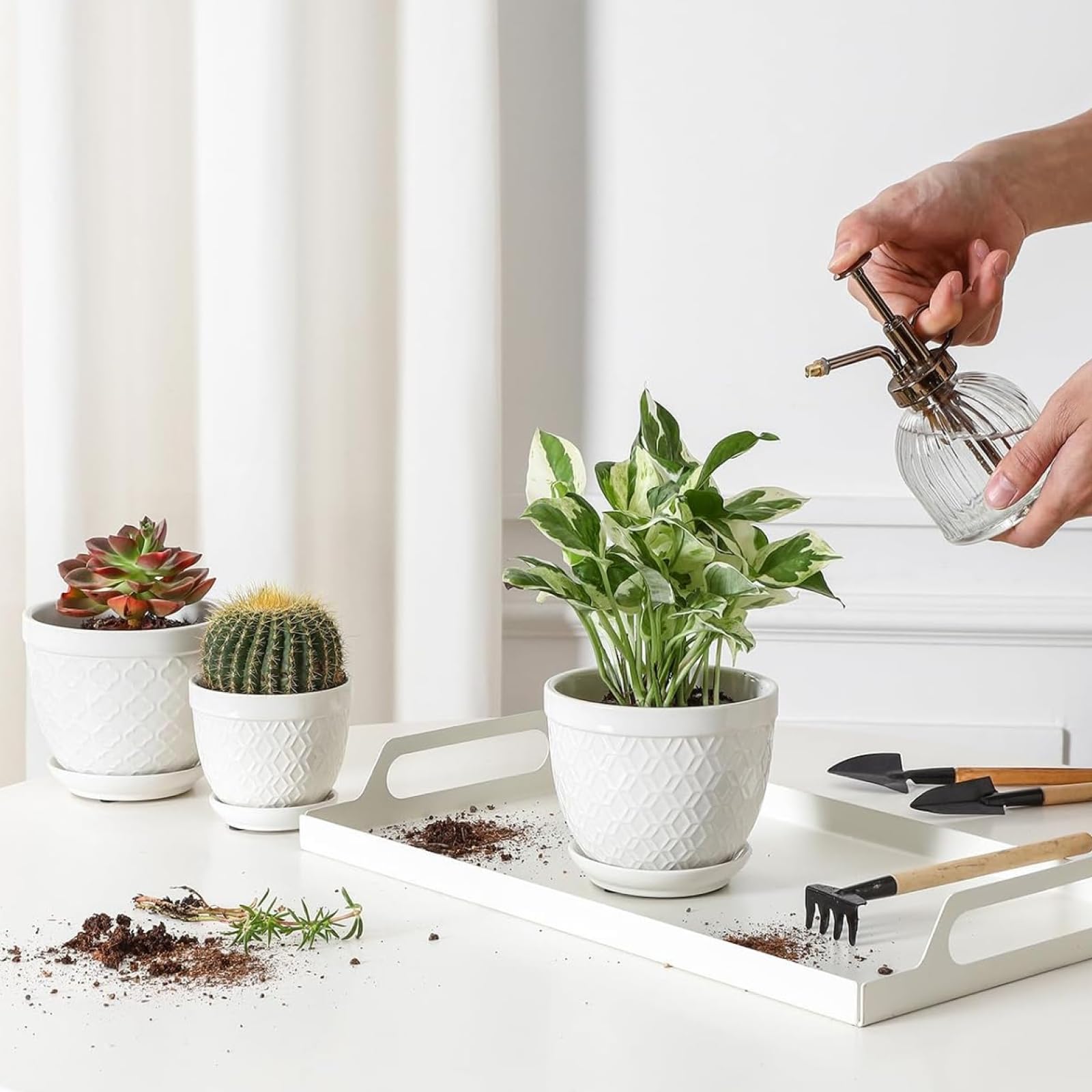 Sureasy HOME & KITCHEN pot held in a hand for scale showing compact 3.5 inch width and suitability for small plants