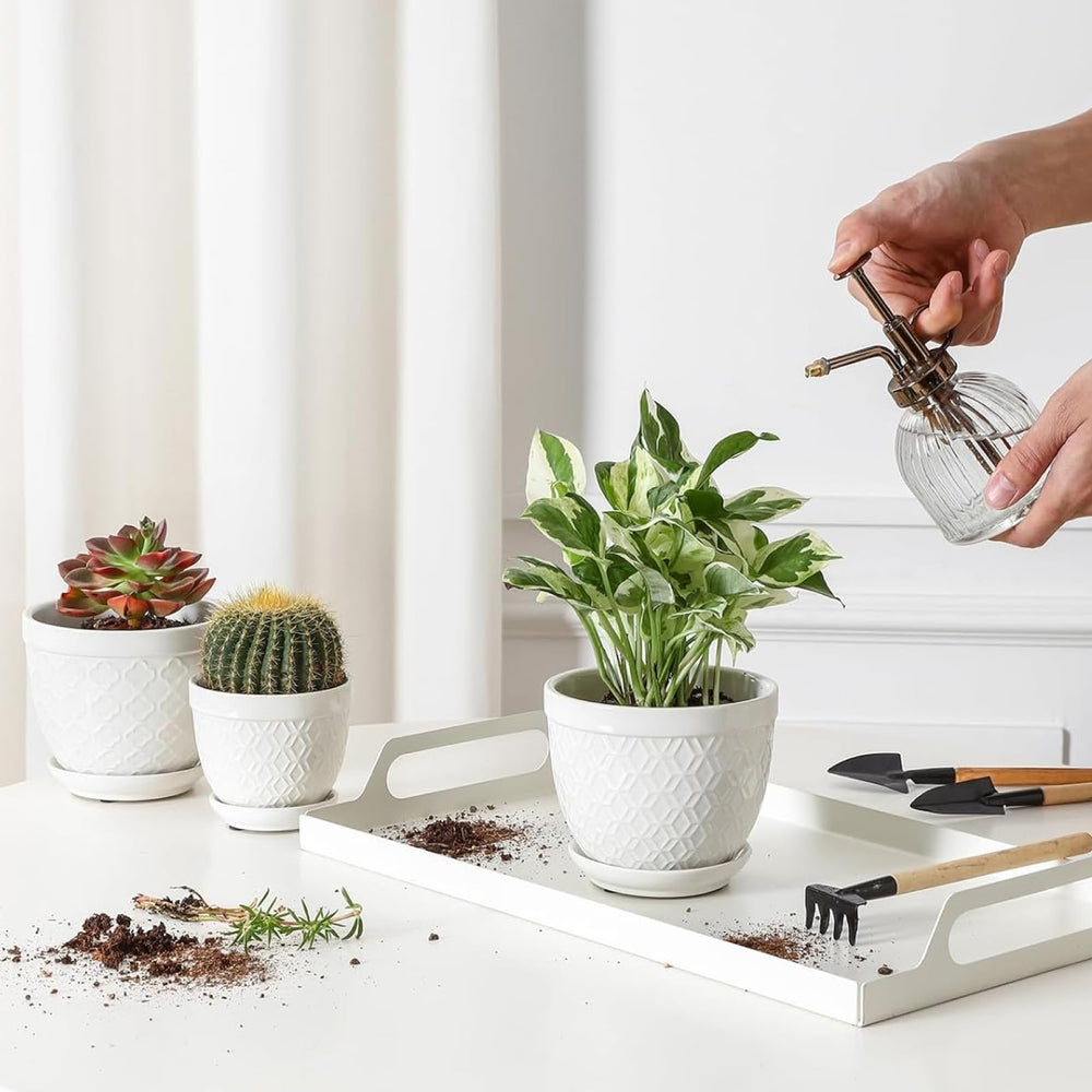 Sureasy HOME & KITCHEN pot held in a hand for scale showing compact 3.5 inch width and suitability for small plants