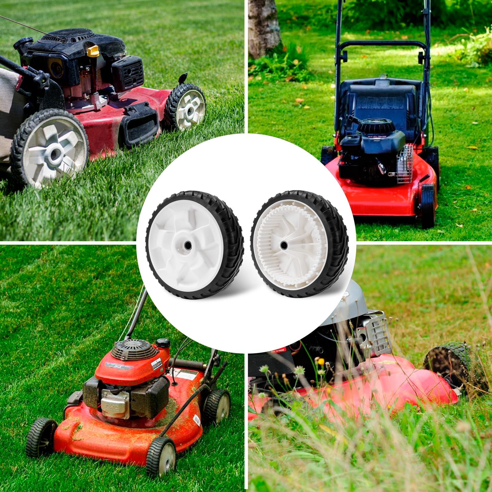 Sutmorly wheel on mower in yard demonstrating smooth mowing performance
