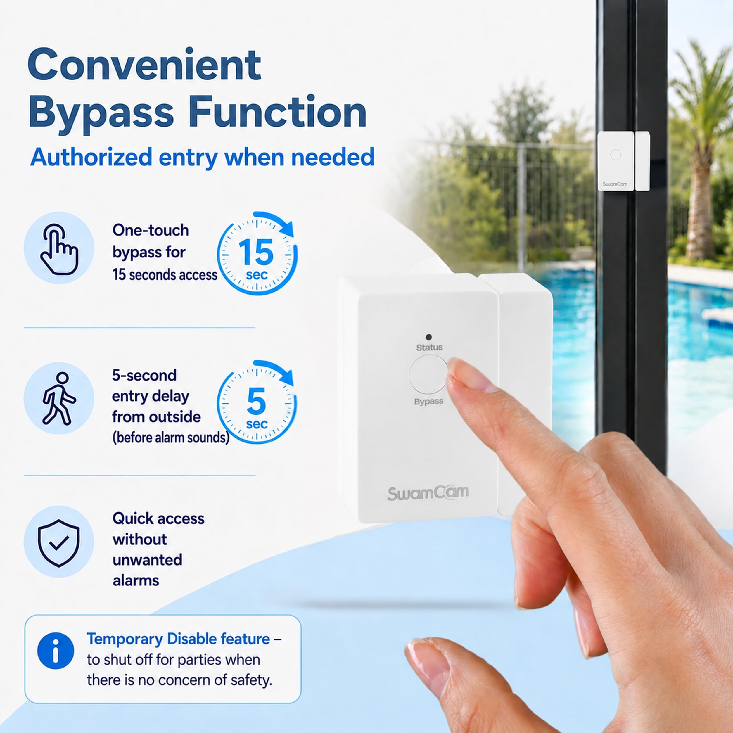 SwamCam hub bypass button detail emphasizing quick authorized entry control