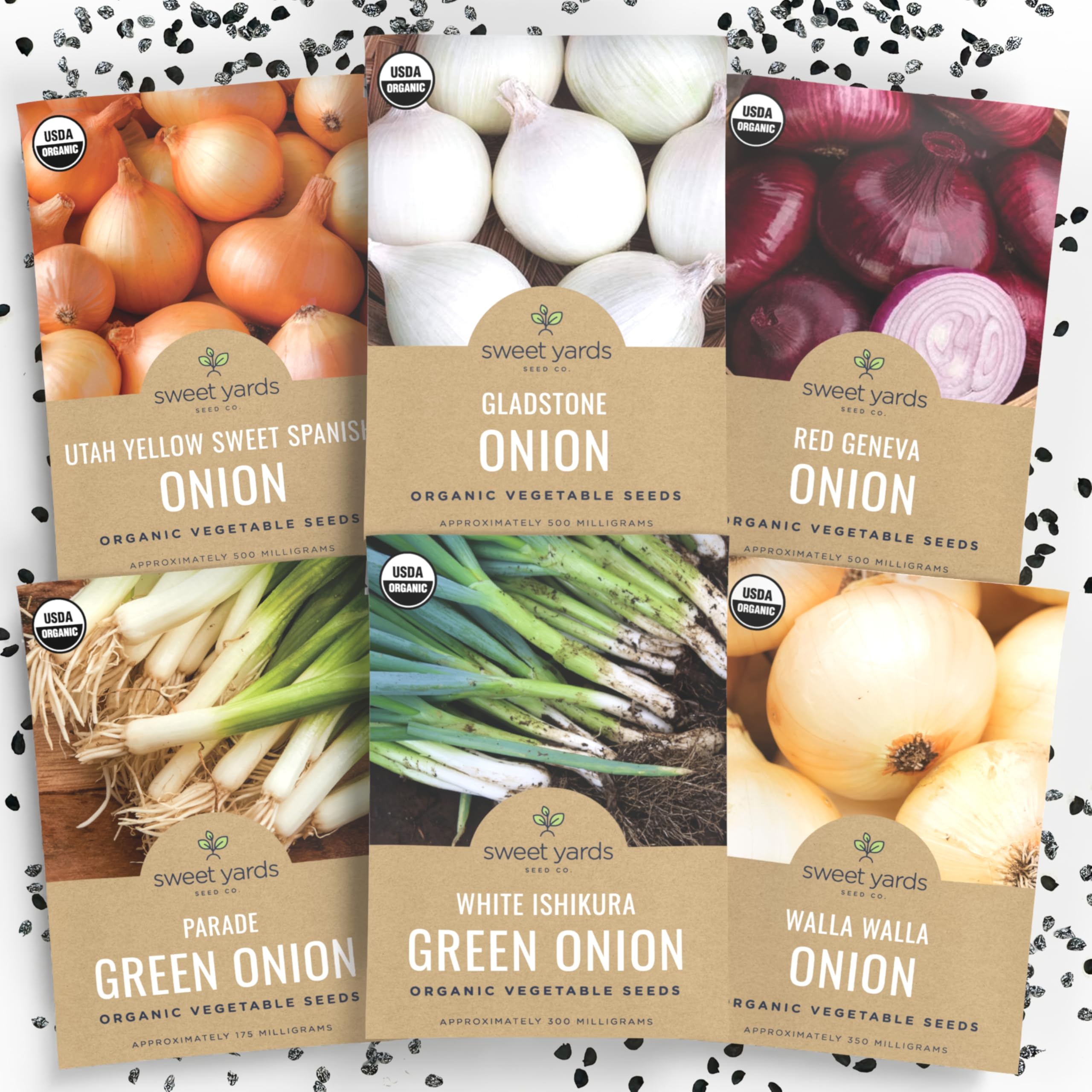 SWEET YARDS front packaging showing six organic onion seed packets and gift-ready box