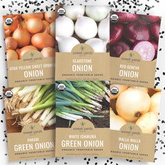 SWEET YARDS front packaging showing six organic onion seed packets and gift-ready box