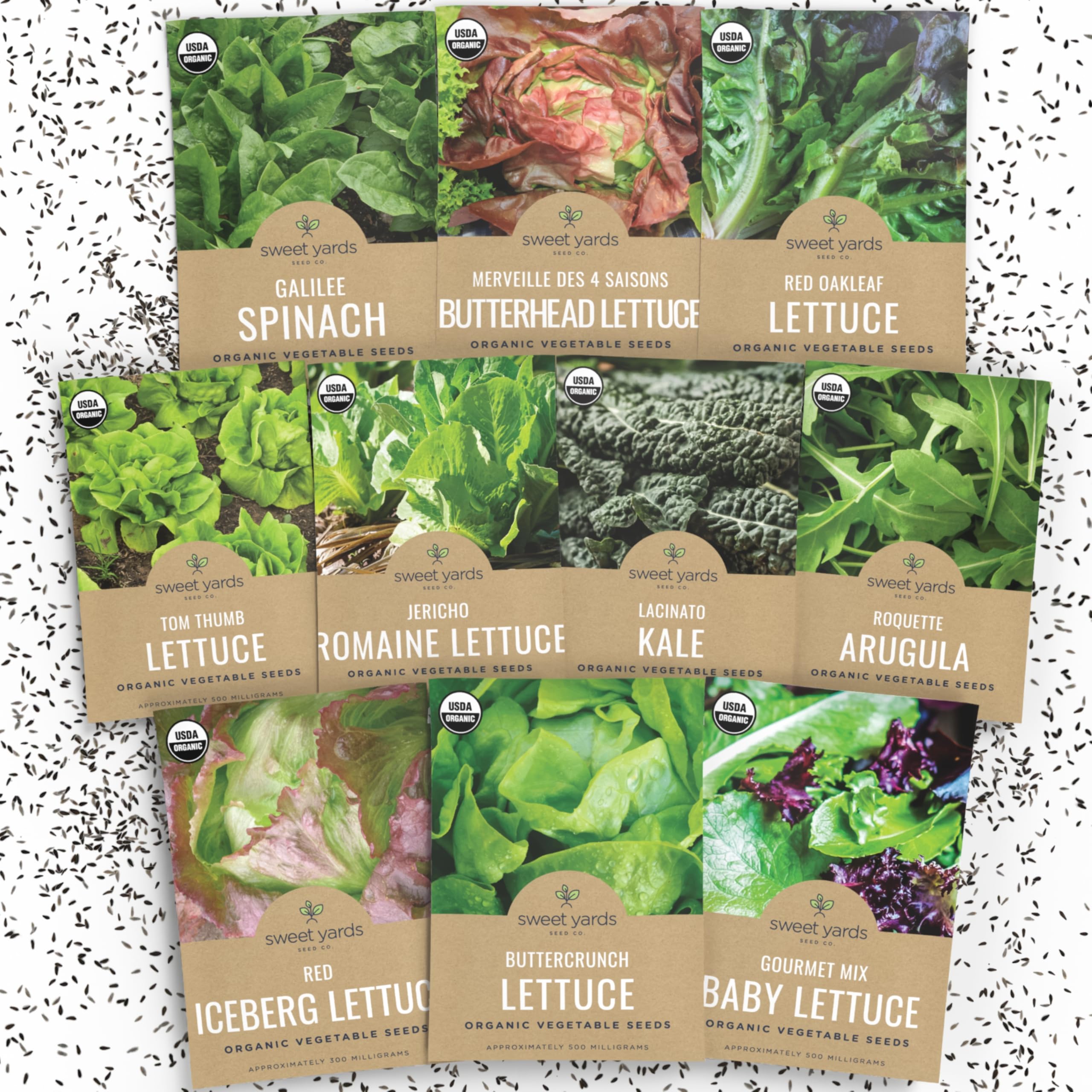 SWEET YARDS front packaging showing ten organic seed packets and clear storage pouch