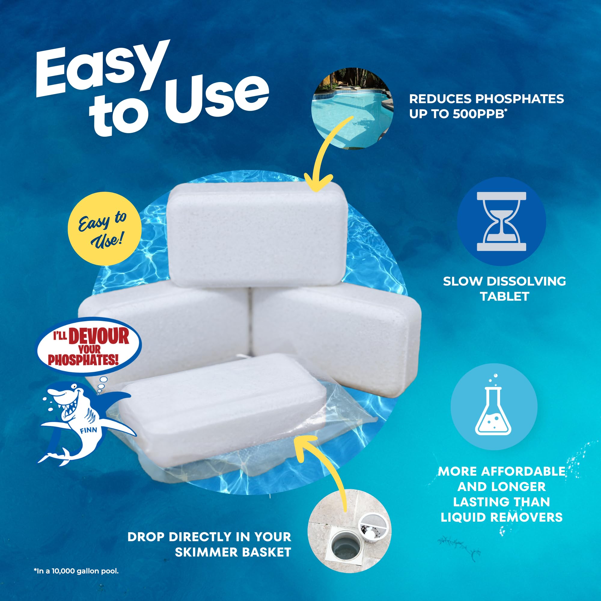 Swim Check bucket with ten individually wrapped tablets for season-long control
