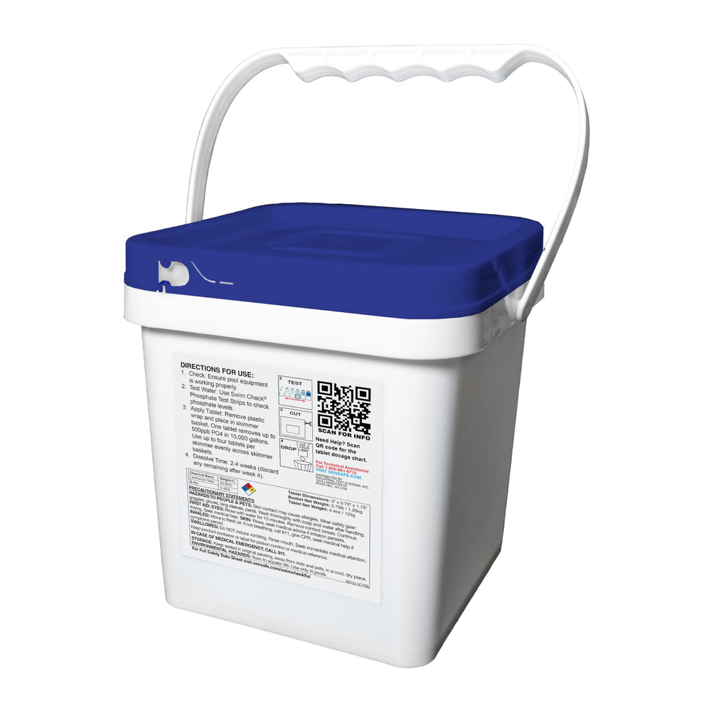 Swim Check tablets near backyard pool scene promoting effortless maintenance