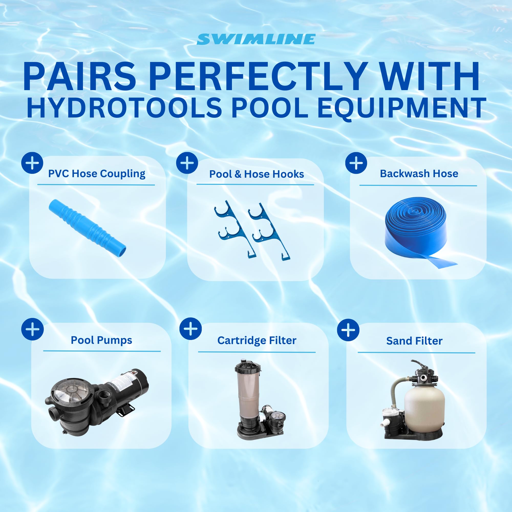 Swimline Hydrotools attached to pool pump illustrating leak-resistant fit
