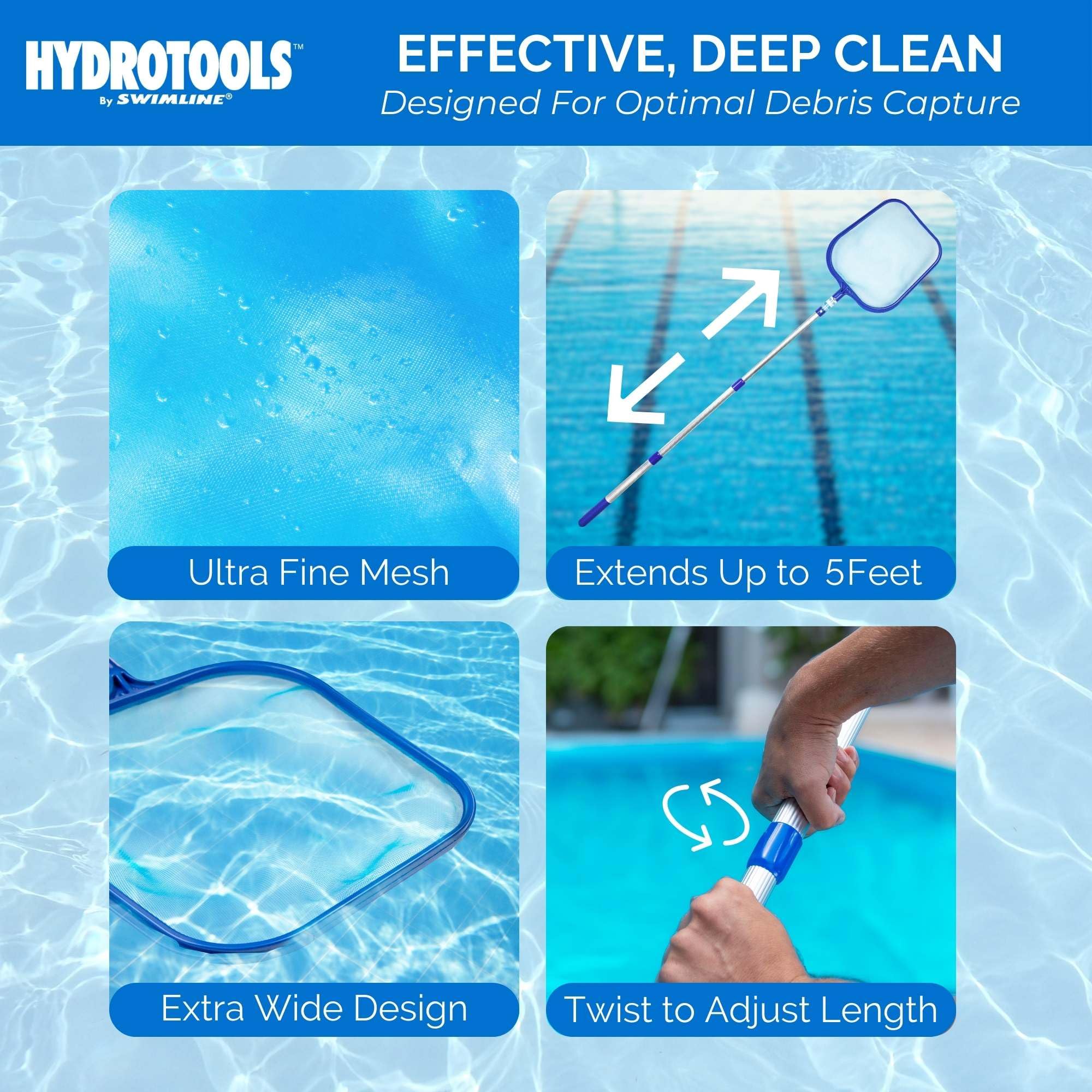 Swimline skimmer beside a ruler showing scale and reach benefits