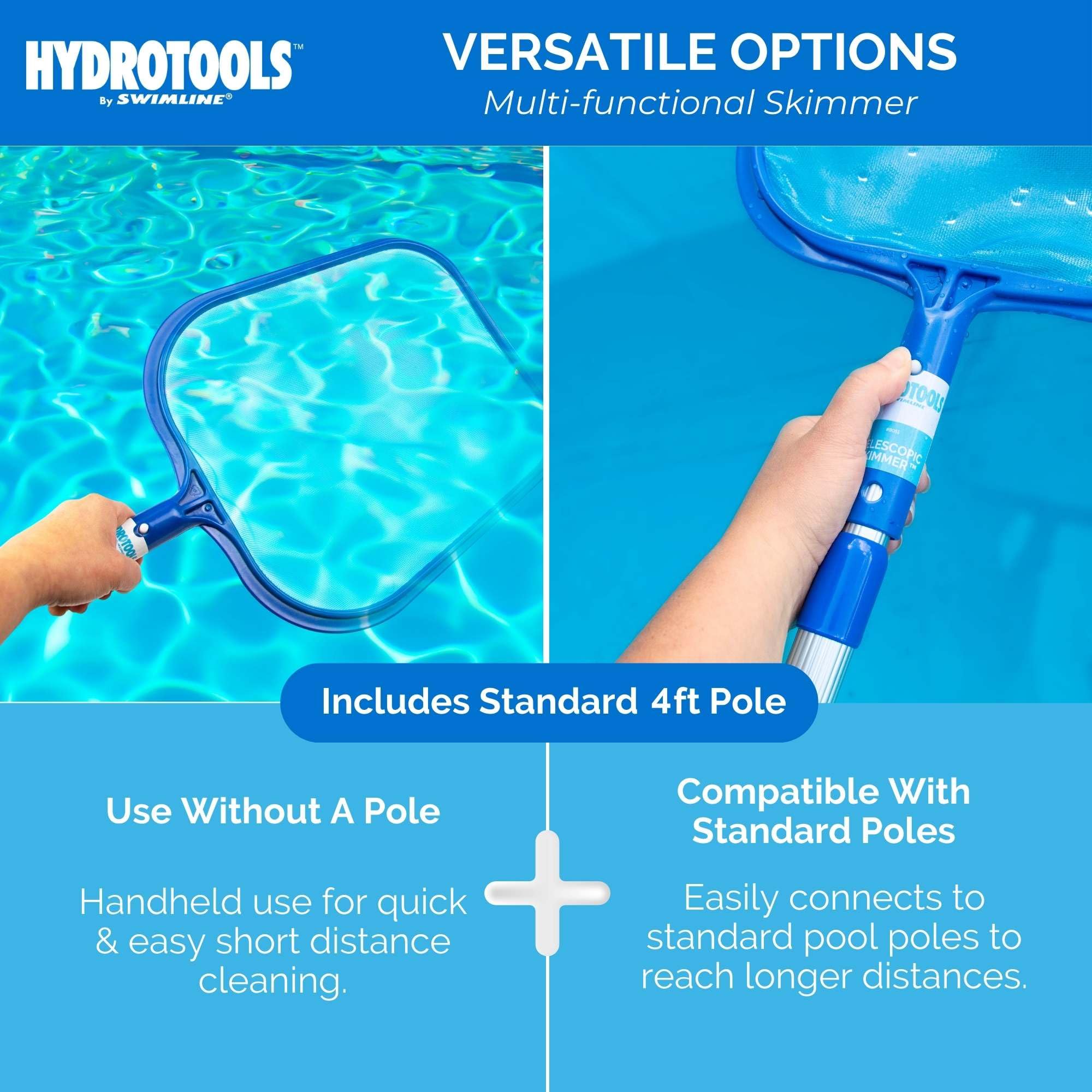 Swimline skimmer in use on a pool surface illustrating effortless debris removal