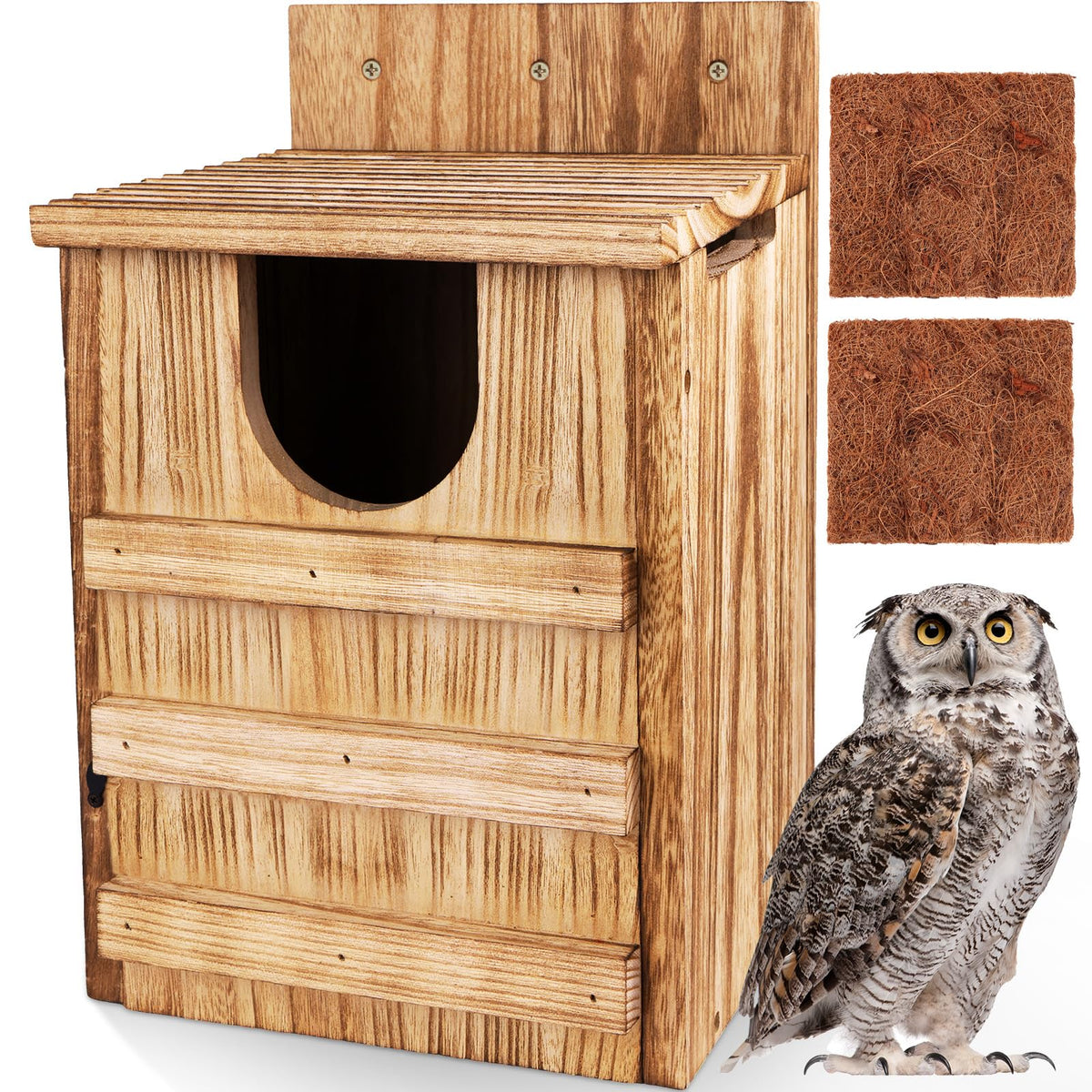 TAGEPUJIE front view of wooden owl house showing weatherproof exterior and entrance for safe nesting