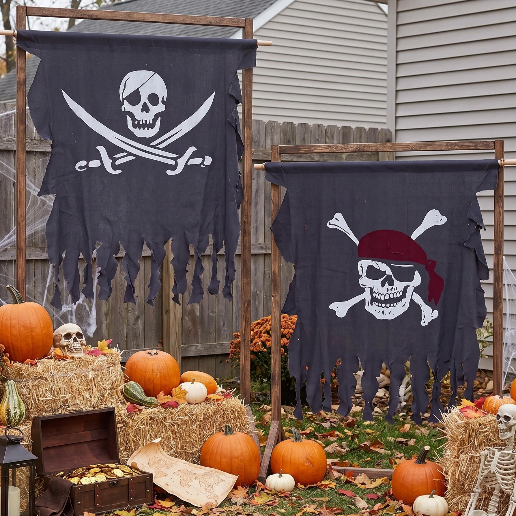Tatuo front view of both pirate flags showing bold Jolly Roger designs