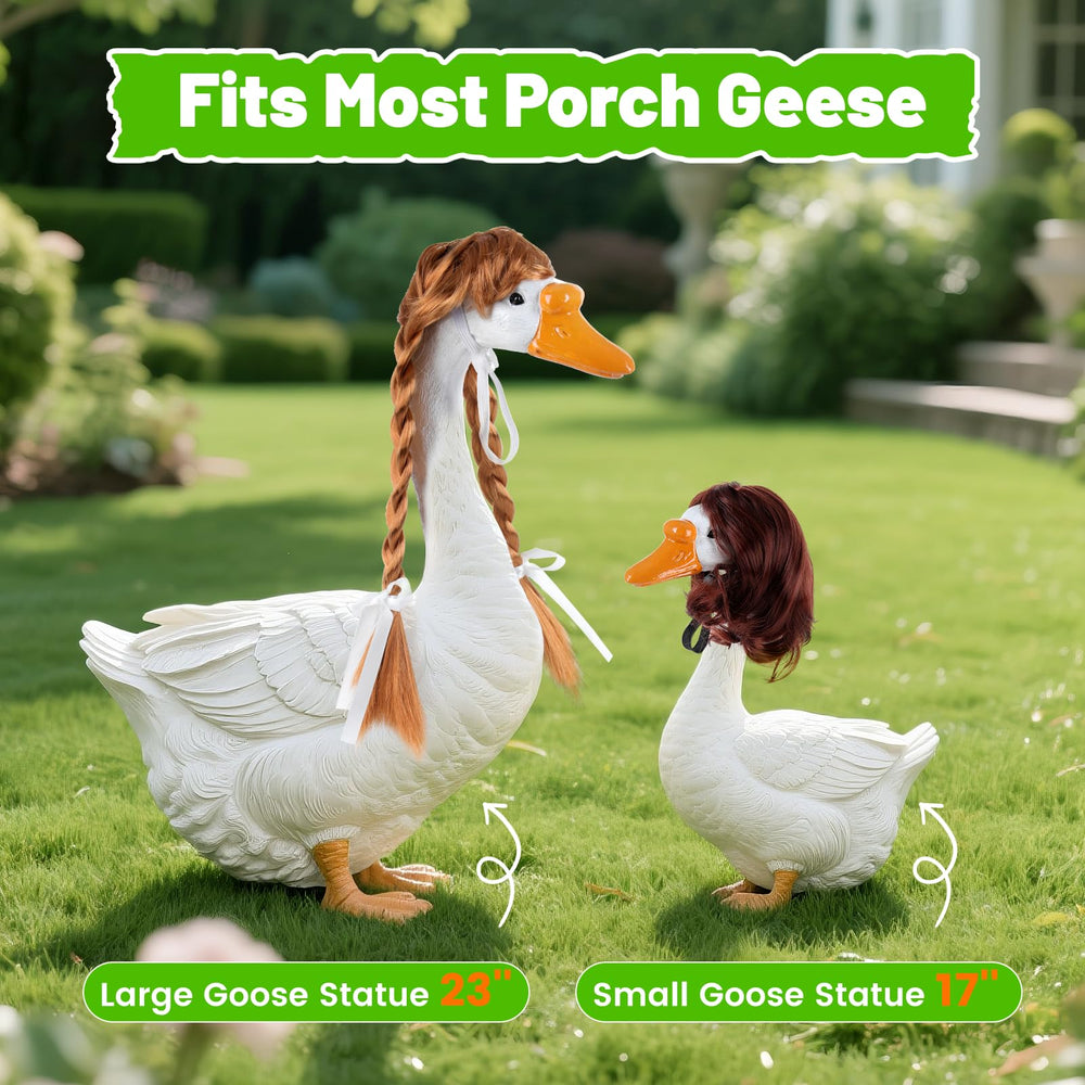 Tawd wig fitted on 23 inch goose statue showing adjustable band