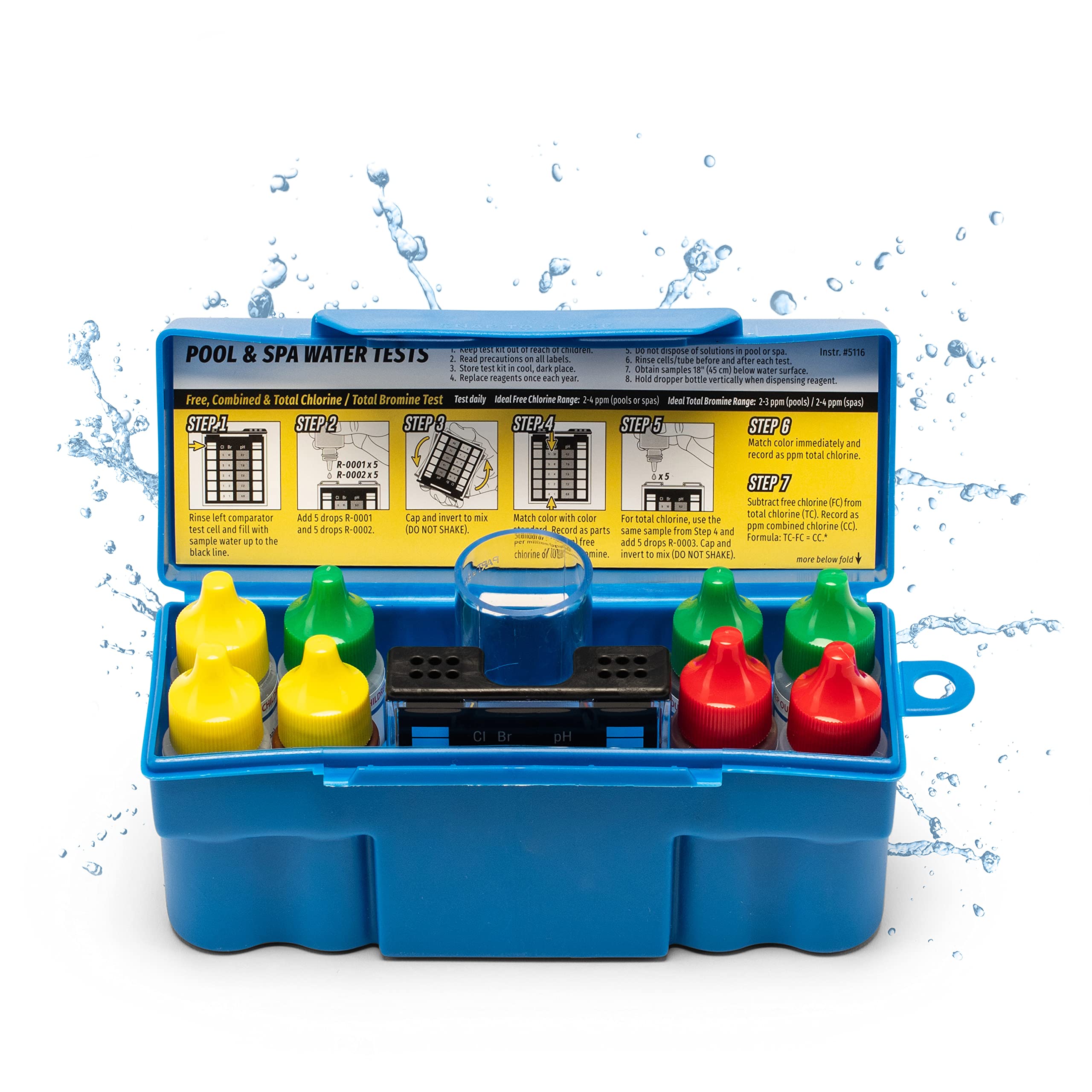 Taylor K-1004 front-open kit showing contents for quick pool testing