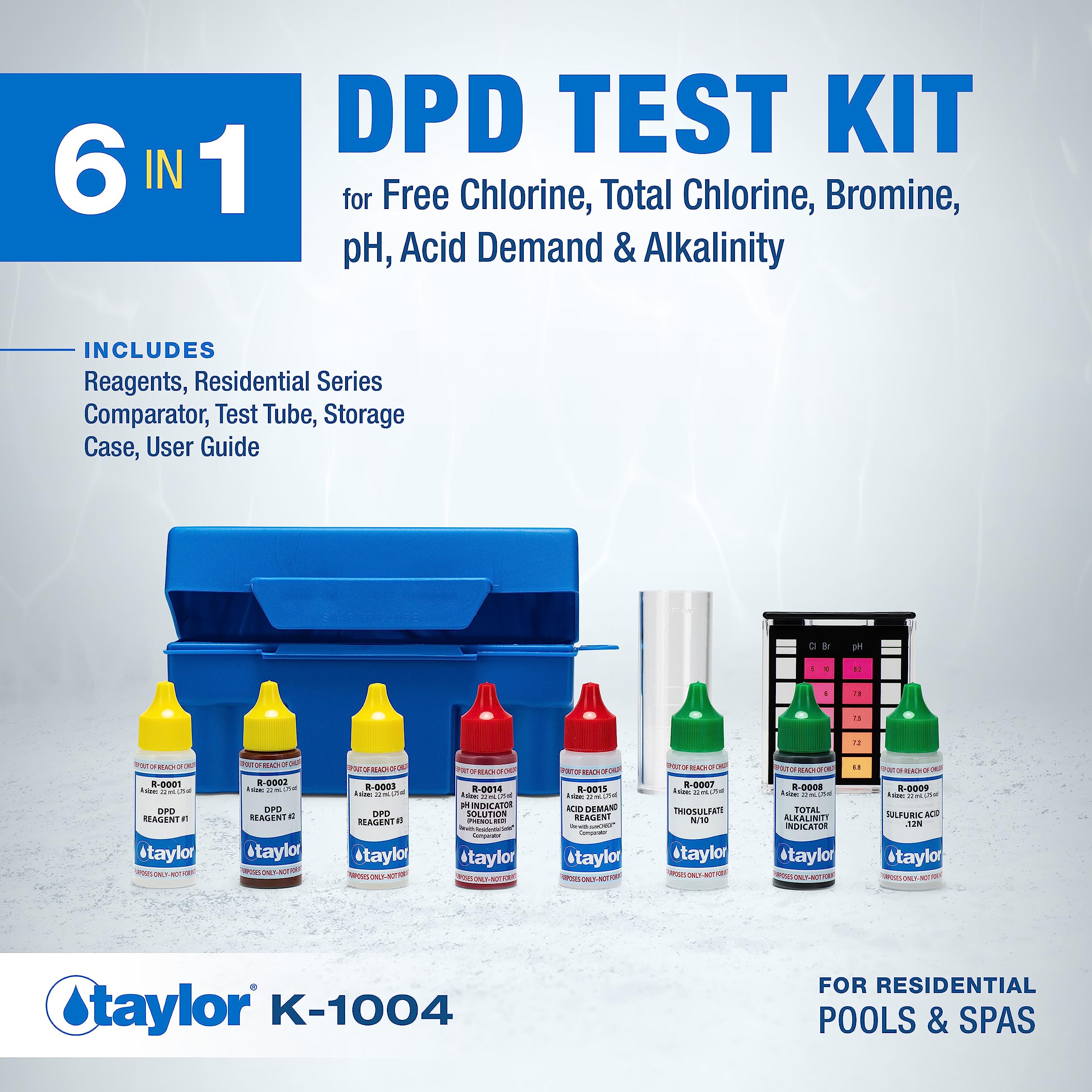 Taylor K-1004 reagent bottles arranged to display color-coded labels and convenience