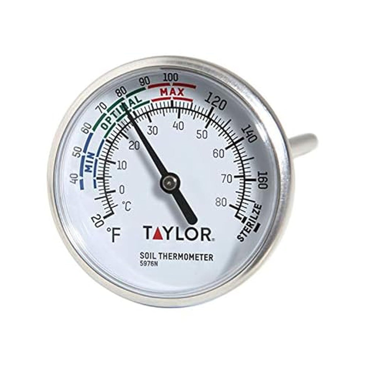 Taylor soil thermometer front view showing dial and stem for quick readings
