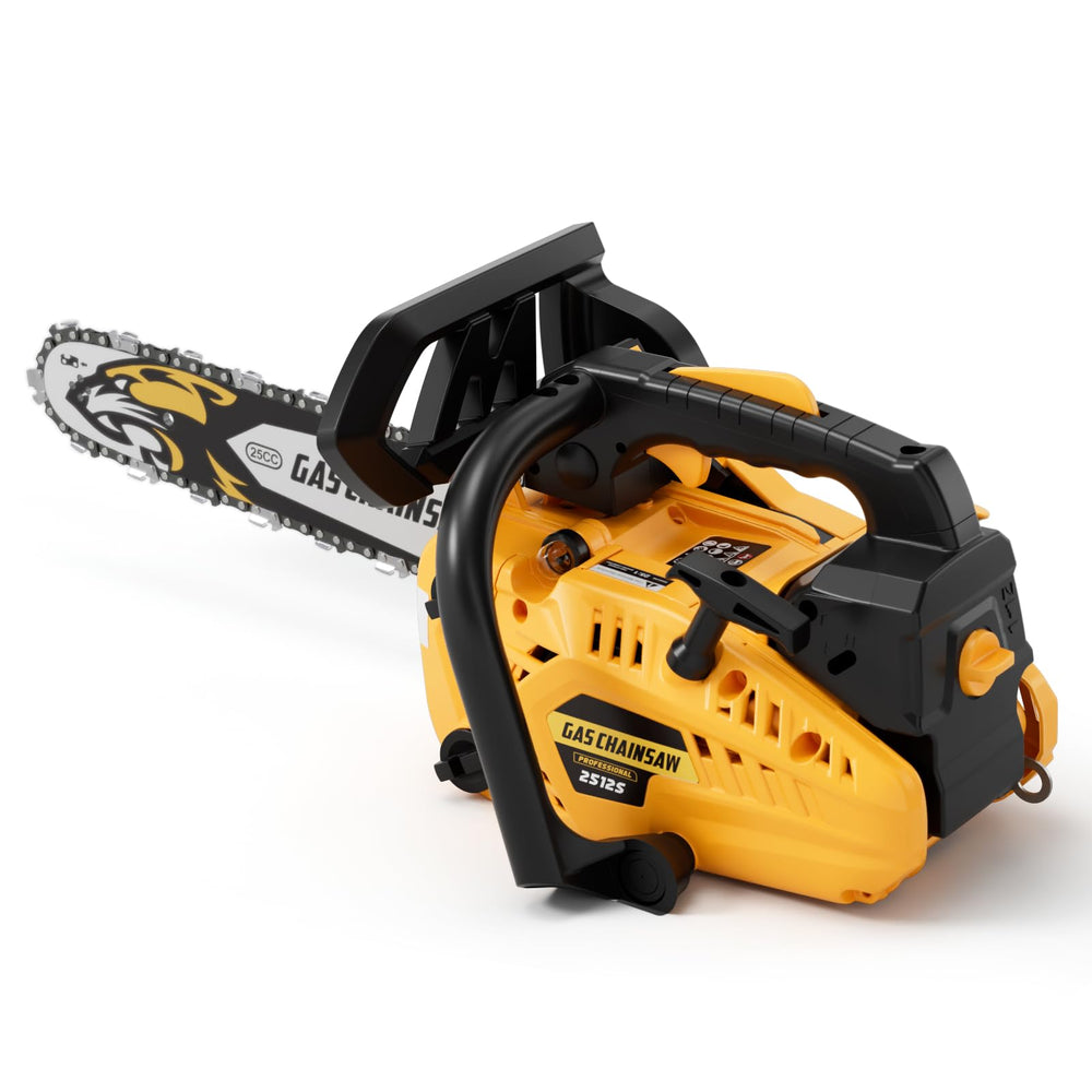 TECHMOO front view of 12-inch gas chainsaw showing kit and benefits