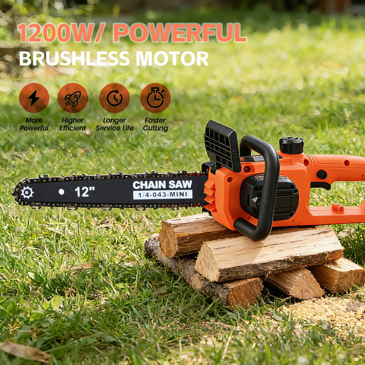 TEEANEES chainsaw beside firewood showing size and practical cutting capacity
