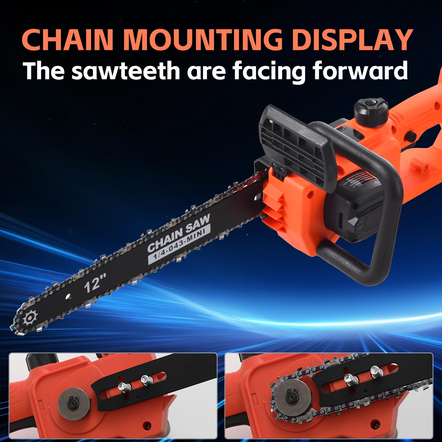 TEEANEES chainsaw in use pruning a tree demonstrating cordless mobility benefit
