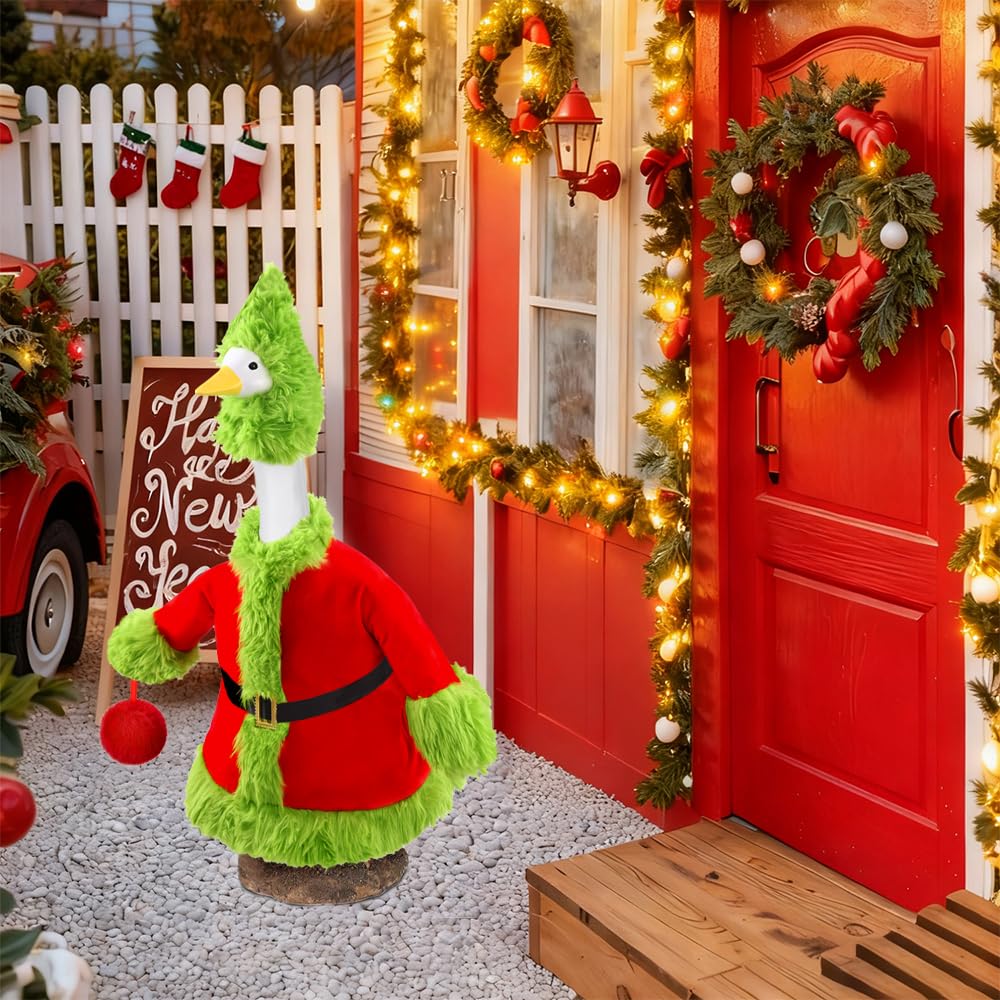 Teeanzo outfit dressed on porch goose demonstrating seasonal outdoor decoration