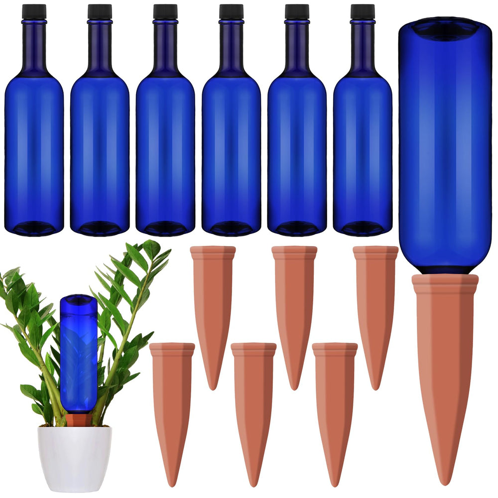 Teenyyou front packed set showing six terracotta spikes and six blue bottles, convenient watering