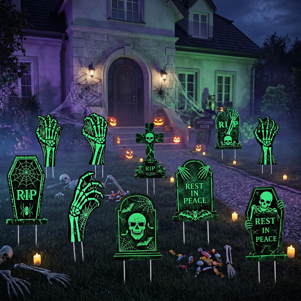 Teyva Daily glowing tombstones at night illustrating green photoluminescent effect