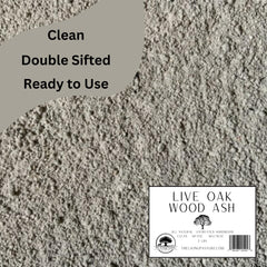 Close-up texture of The Living Pasture live oak ash highlighting fine sifted particles for even application