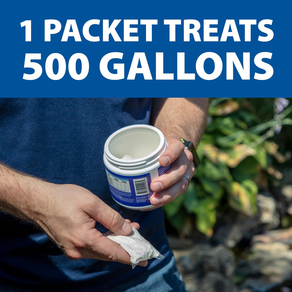 The Pond Guy spread of packets in hand illustrating easy single-dose use