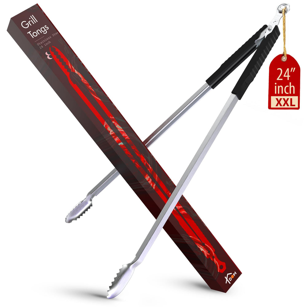 TheDOM front view of 24-inch stainless steel tongs showing full length and build quality, clear durability benefit
