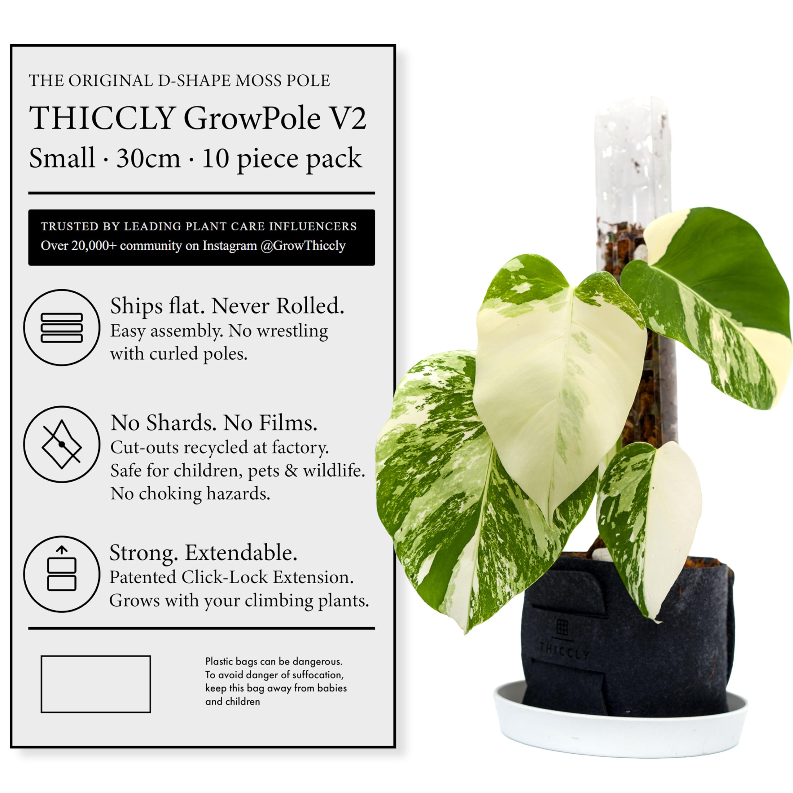 THICCLY front packaging showing 10-pack, tidy shipping and quick assembly benefit