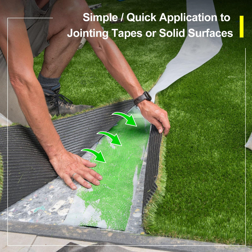 Threlaco applying glue to artificial turf seam with nozzle, ensures secure bonding benefit